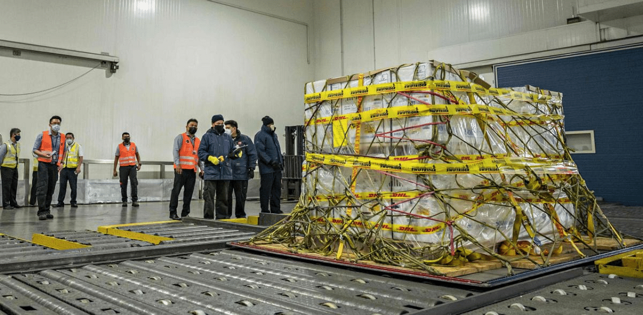 Cargo pellets containing the Singapore's first shipment of Covid-19 vaccines arrived in Singapore on Monday. Credit: Reuters