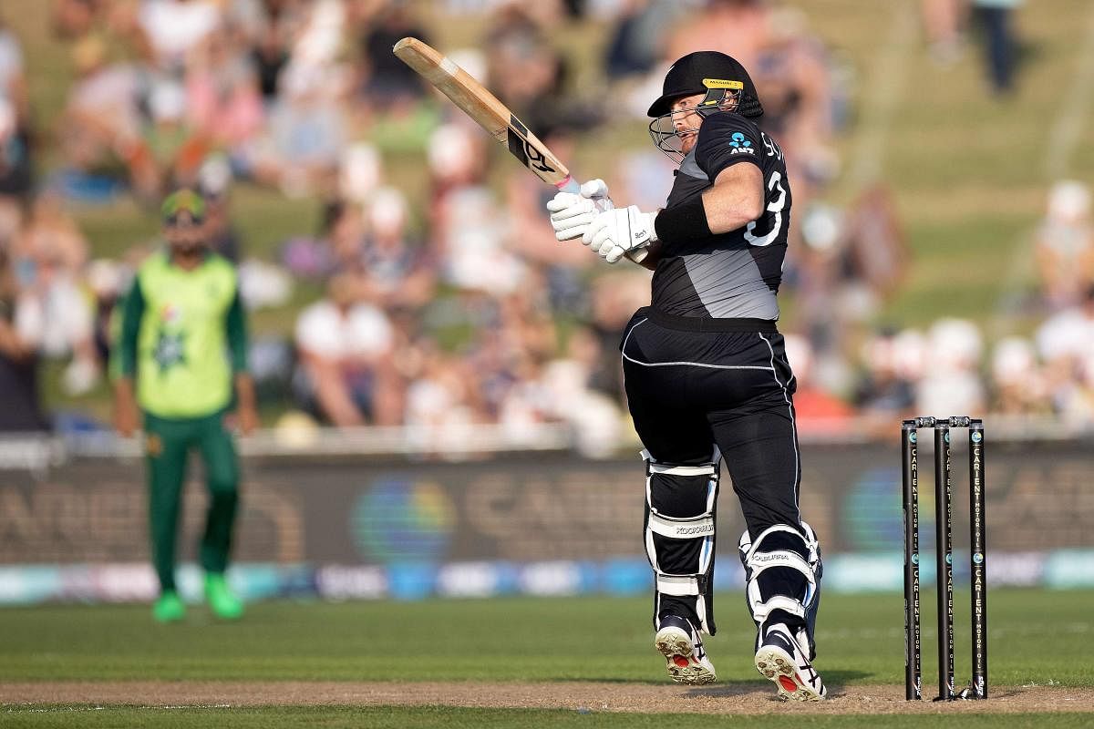 New Zealand batsman Martin Guptill plays a shot during the third T20 cricket match between New Zealand and Pakistan at McLean Park in Napier. Credit: AFP.