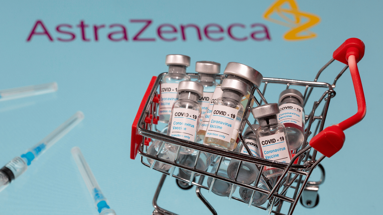 A shopping basket with vials labeled 'Covid-19 - Coronavirus Vaccine' on an AstraZeneca logo. Credit: Reuters Photo