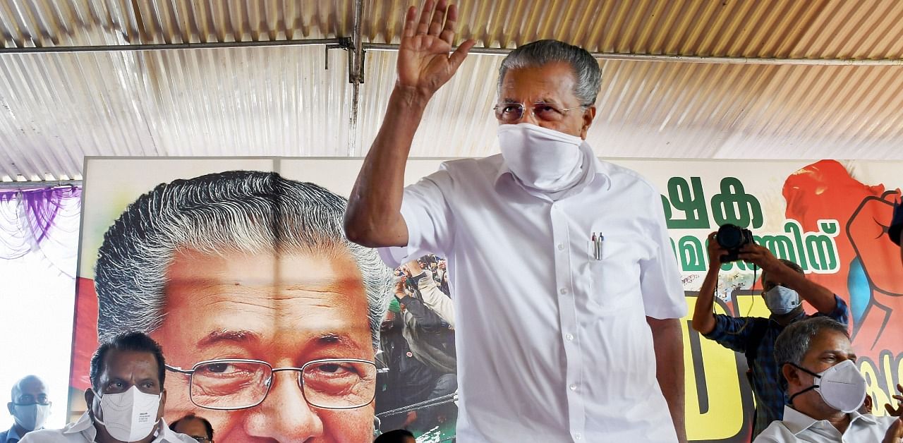 Kerala Chief Minister Pinarayi Vijayan during a protest meet in solidarity with farmers protesting in New Delhi against the Centre's new farm laws in Thiruvananthapuram. Credit: PTI Photo