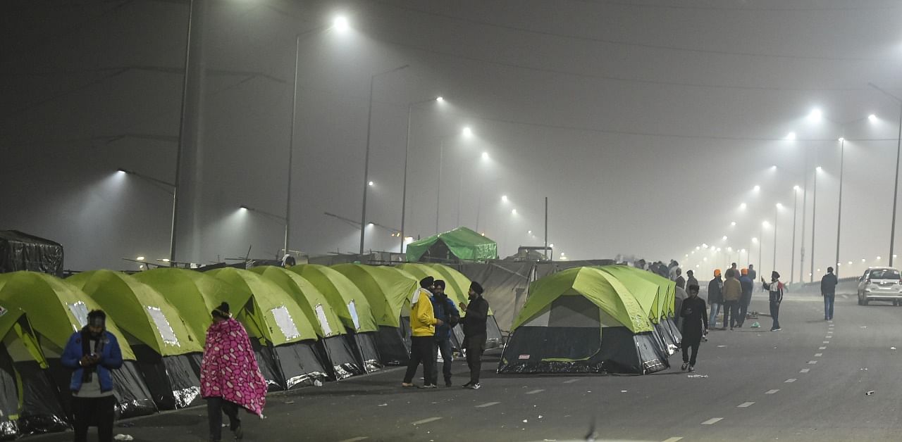 Tents installed for farmers at Ghazipur border during their protest against the new farm laws, in New Delhi. Credit: PTI Photo