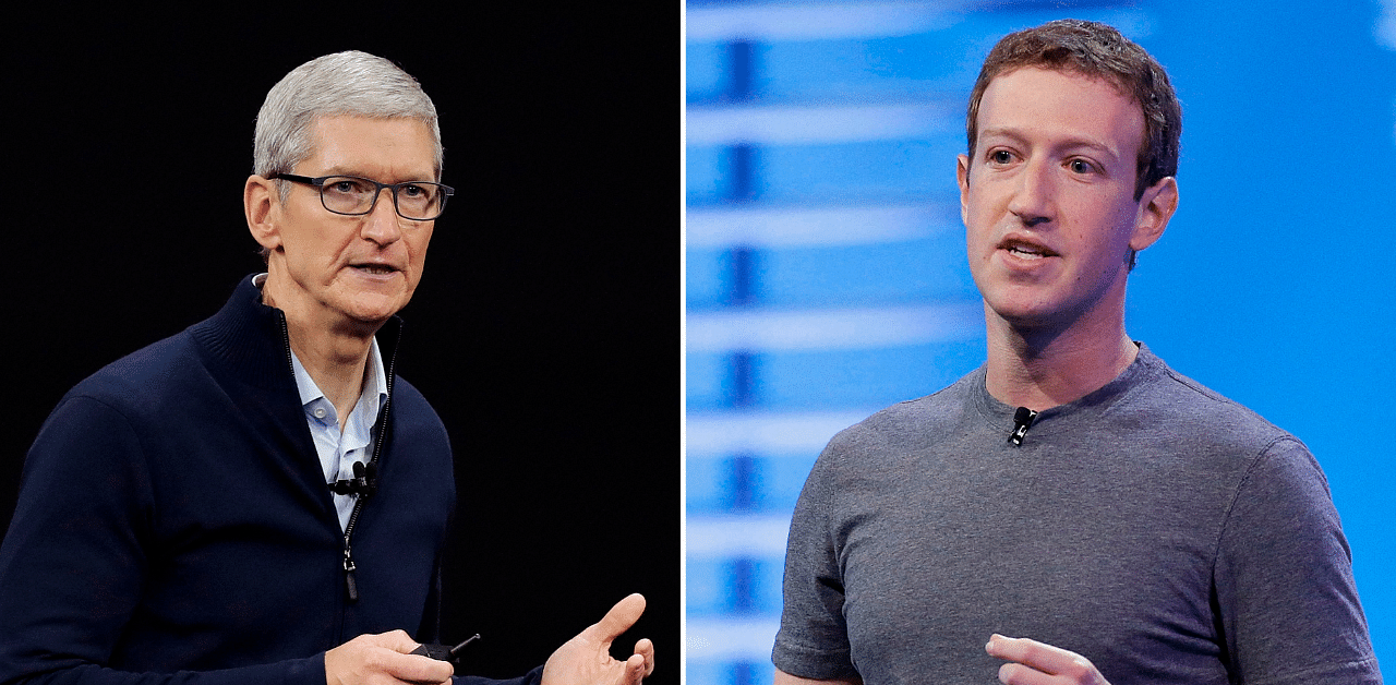 Apple Chief Executive Officer Tim Cook and Facebook Chief Executive Officer Mark Zuckerberg. Credit: AP Photo