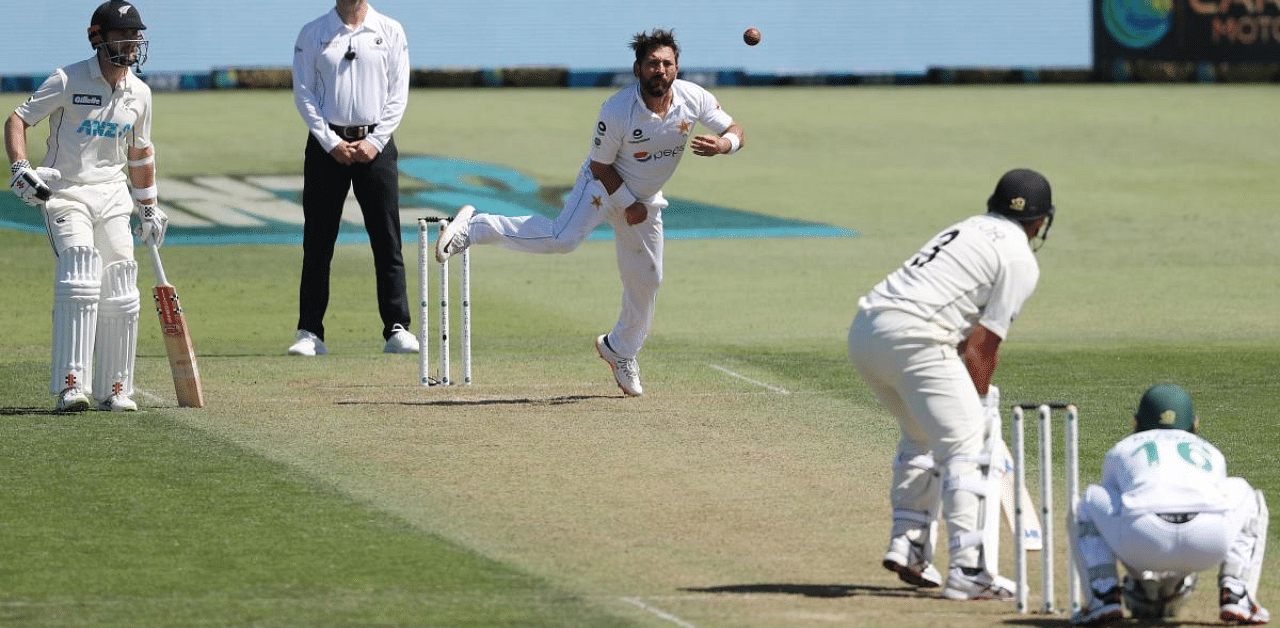Pakistan’s Yasir Shah bowls during the first day of the first cricket Test match between New Zealand and Pakistan at the Bay Oval in Mount Maunganui. Credit: AFP Photo