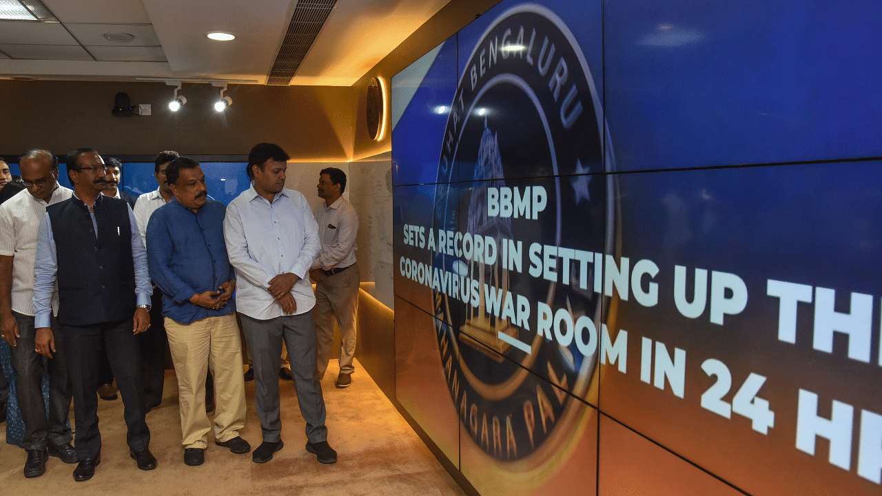 M Gautham Kumar, Mayor, B H Anilkumar, BBMP Commissioner and others participated in the inauguration of BBMP War Room for monitoring coronavirus. Credit: DH Photo