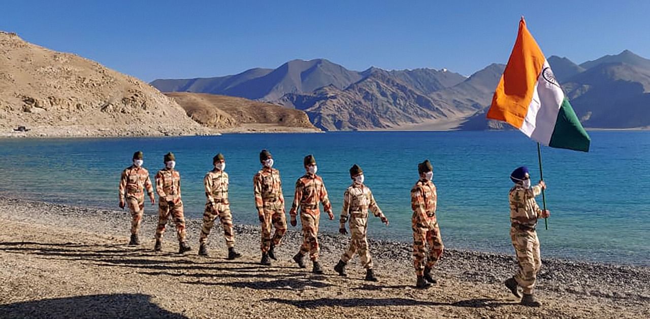 ITBP personnel celebrate the 74th Independence Day on the banks of Pangong Tso, in Ladakh. Credit: PTI Photo