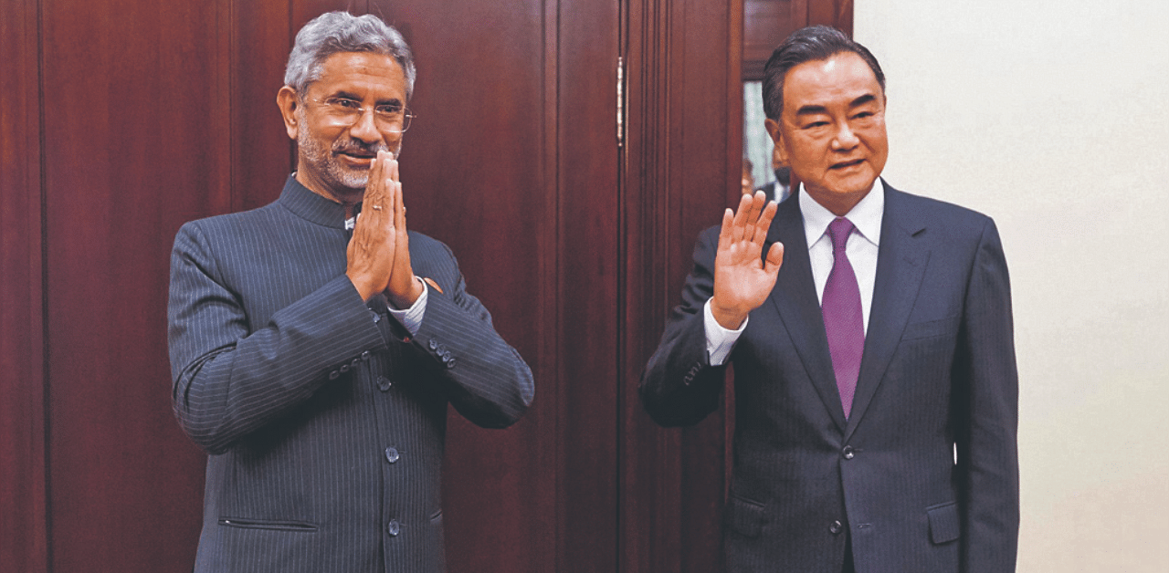 India's External Affairs Minister Subrahmanyam Jaishankar and Chinese Foreign Minister Wang Yi in Moscow, Russia in September, 2020. Credit: AP