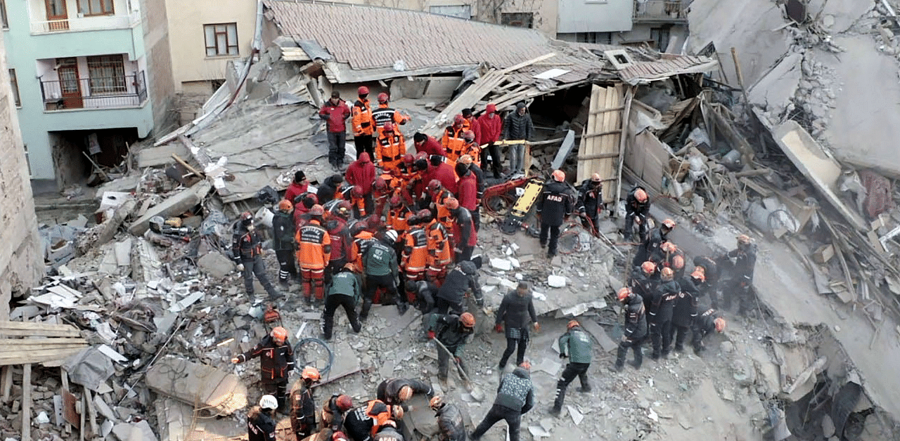 Rescue workers searching for survivors in the rubble of a building after an earthquake in Elazig, Eastern Turkey, on January 25, 2020. Credit: AFP