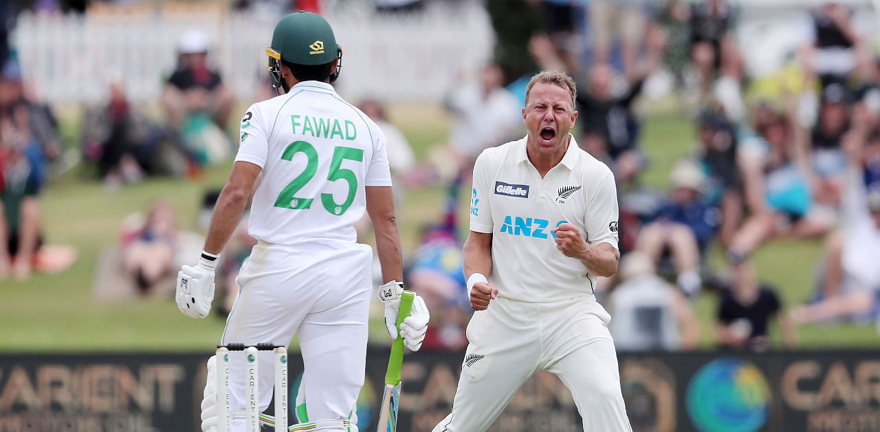 New Zealand’s paceman Neil Wagner celebrates the wicket of Pakistan’s Fawad Alam. Credit: AFP Photo