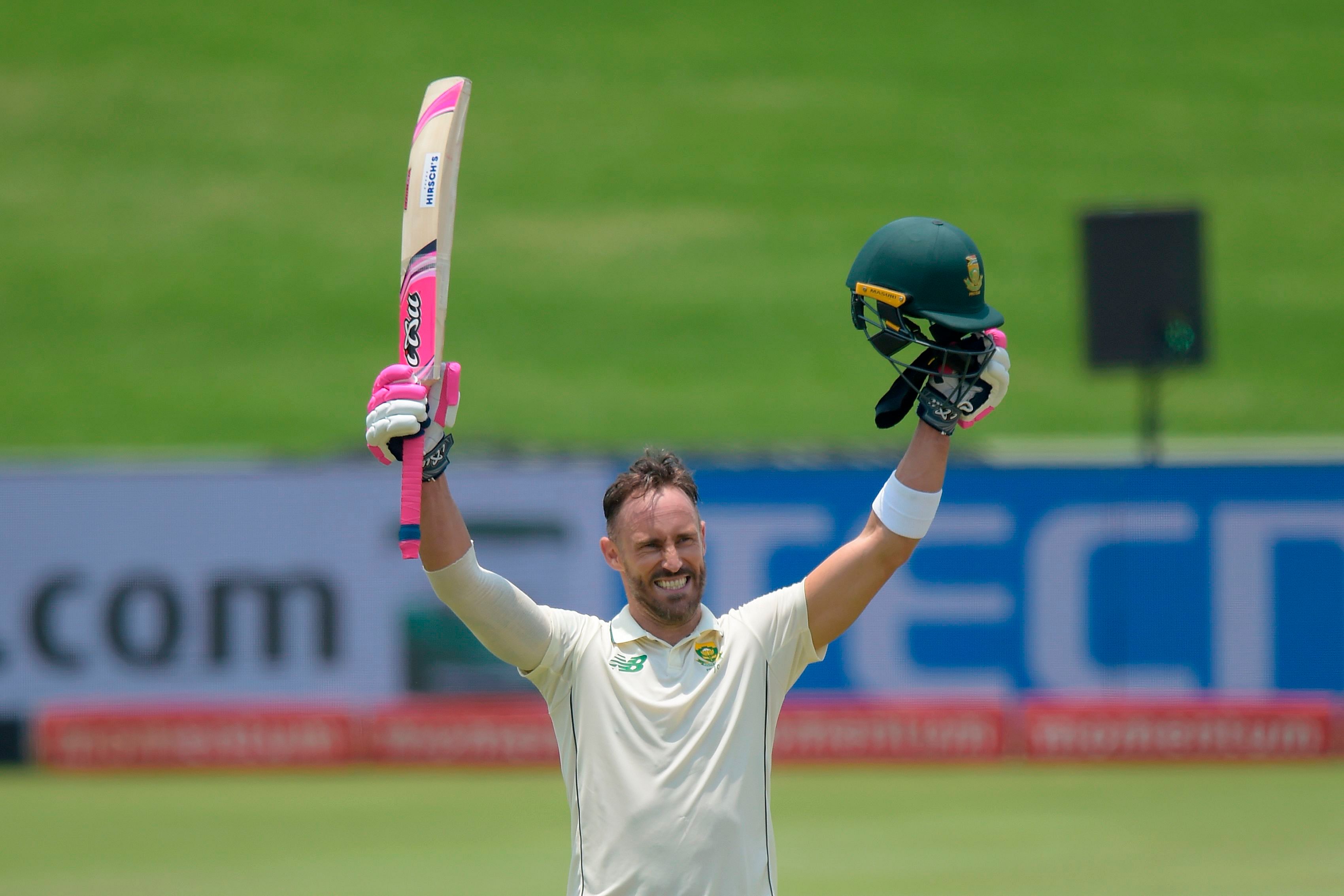 South Africa's Faf du Plessis celebrates after scoring a century (100 runs) during the third day of the first Test cricket match between South Africa and Sri Lanka at SuperSport Park in Centurion on December 28, 2020. Credit: AFP Photo