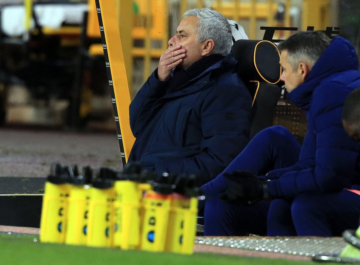 Tottenham Hotspur's Portuguese head coach Jose Mourinho reacts to Wolves equaliser during the English Premier League football match between Wolverhampton Wanderers and Tottenham Hotspur at the Molineux stadium in Wolverhampton. Credit: AFP. 