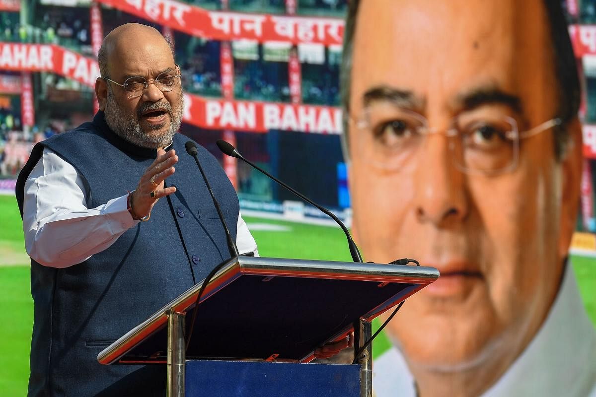 Home Minister Amit Shah delivers a speech during a ceremony to unveil a statue of the late Arun Jaitley at the Arun Jaitley Stadium sports ground in New Delhi. Credit: AFP. 