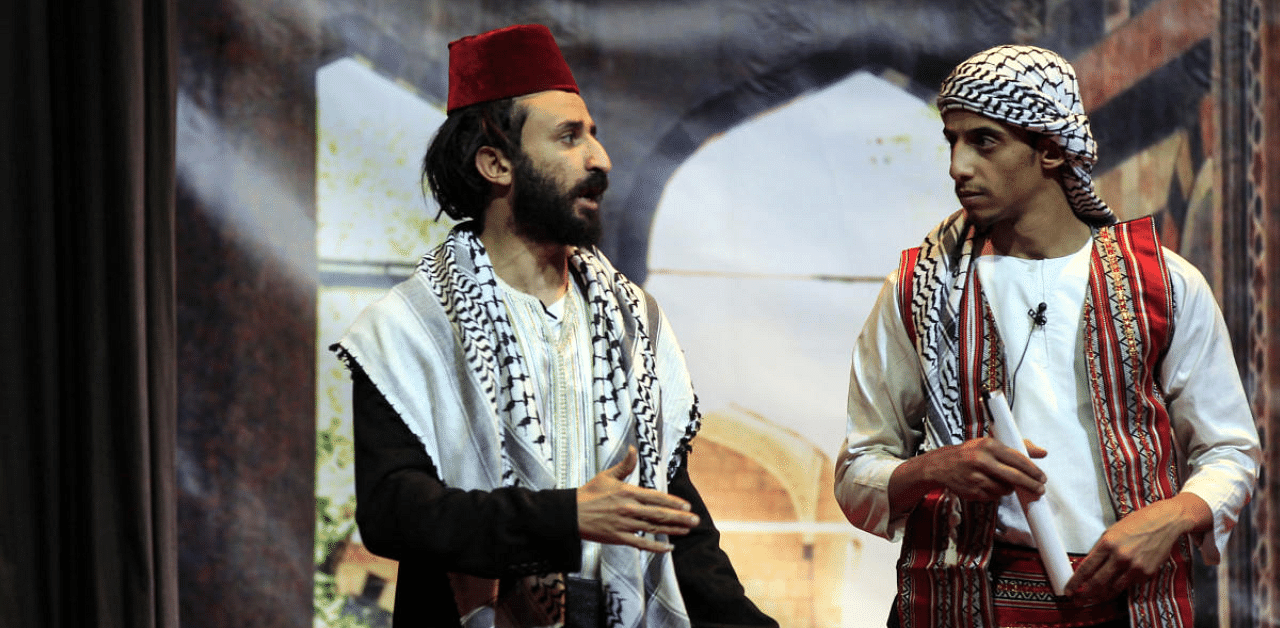 Yemeni actors rehearse on the eve of the premiere of a play entitled 'Yemeni Film', a comedic production that touches on the current struggles of local artists, in the capital Sanaa. Credit: AFP