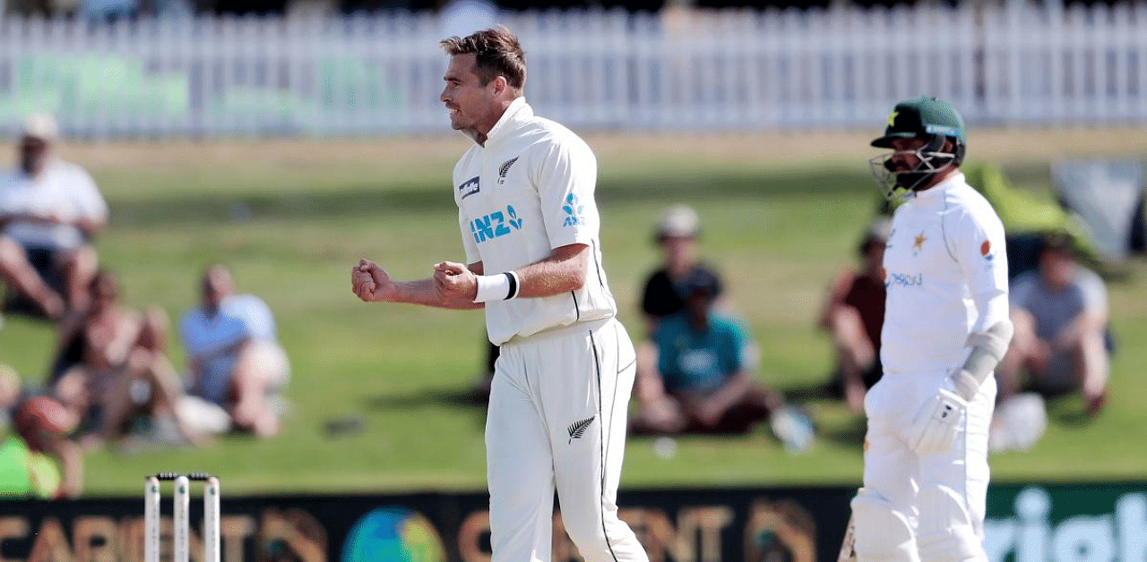 New Zealand’s Tim Southee (C) celebrates the wicket of Pakistan’s Haris Sohail on the fourth day of the first cricket Test match between New Zealand and Pakistan at the Bay Oval in Mount Maunganui. Credit: AFP
