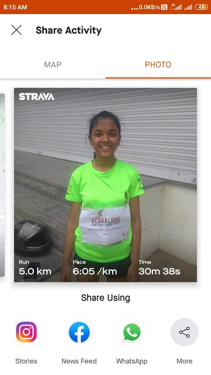 Fifteen-year-old Varshitha Valentina participated in Bengaluru Virtual Marathon earlier this month. Runners have to submit their data via tracker apps to the organisers.