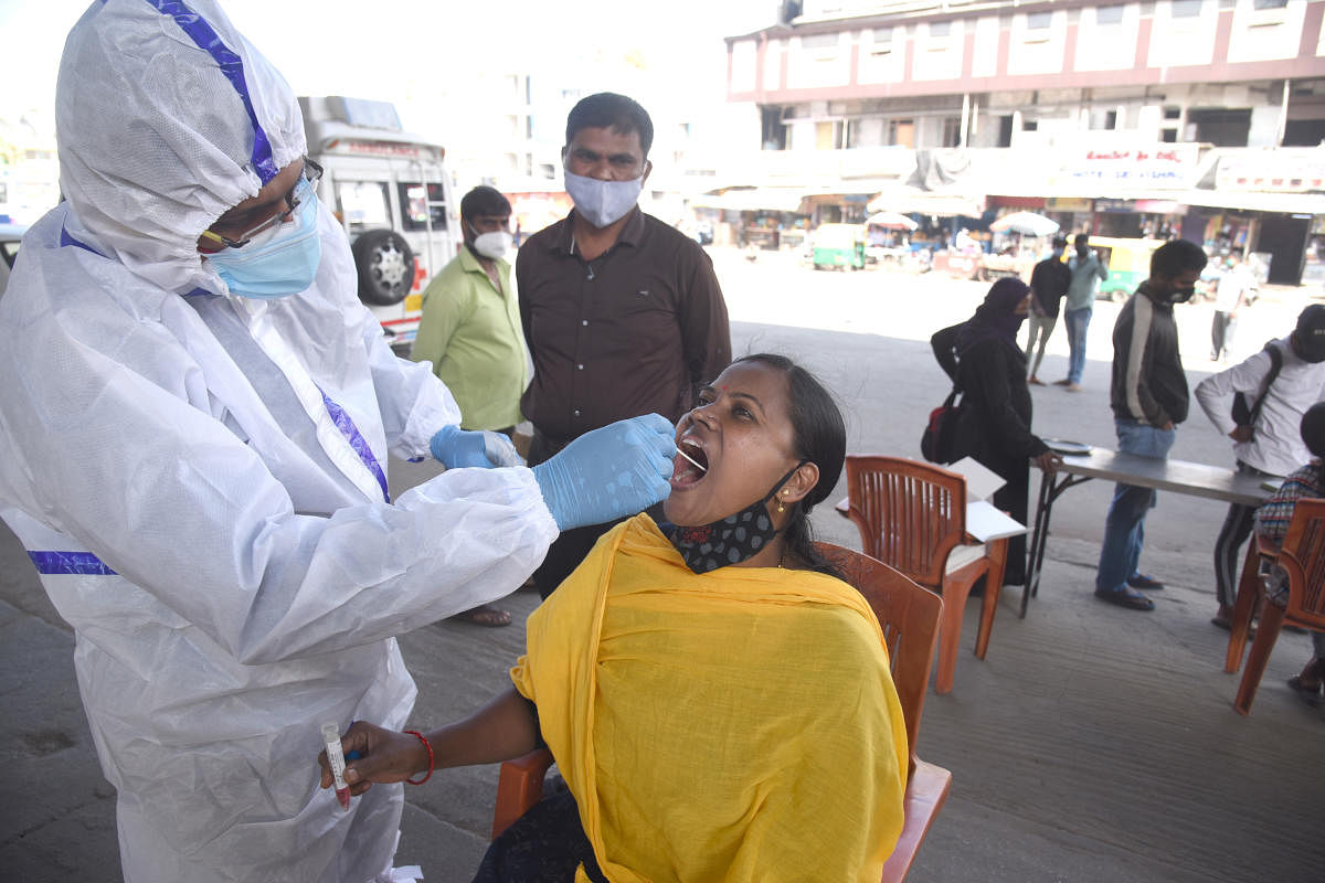 A healthcare worker takes the swab sample of a woman at a free testing centre in KR Market on Monday.DH PHOTO/S K DINESH