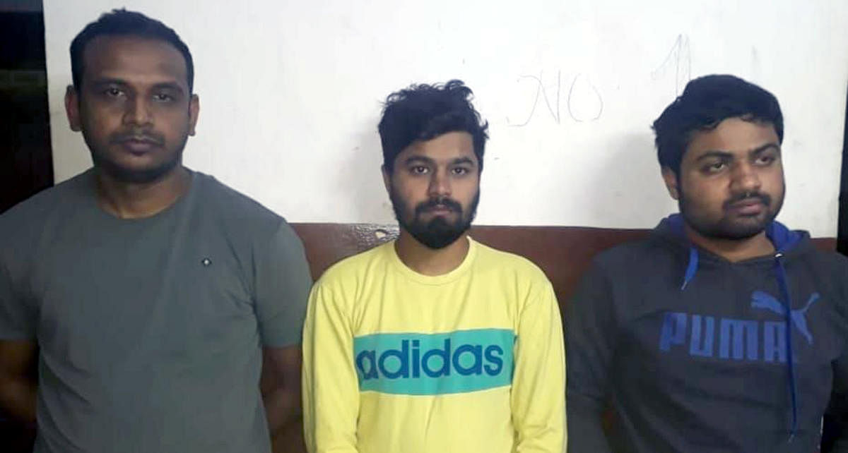 The arrested are Syed Ahmed, 33, from New Guddadahalli, Syed Irfan, 26, from BTM Layout 2nd Stage, and Aditya Senapati, 25. Credit: DH Photo