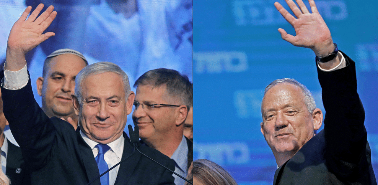 Israeli Prime Minister Benjamin Netanyahu (L) and Benny Gantz, leader and candidate of the Israel Resilience party. Credit: AFP