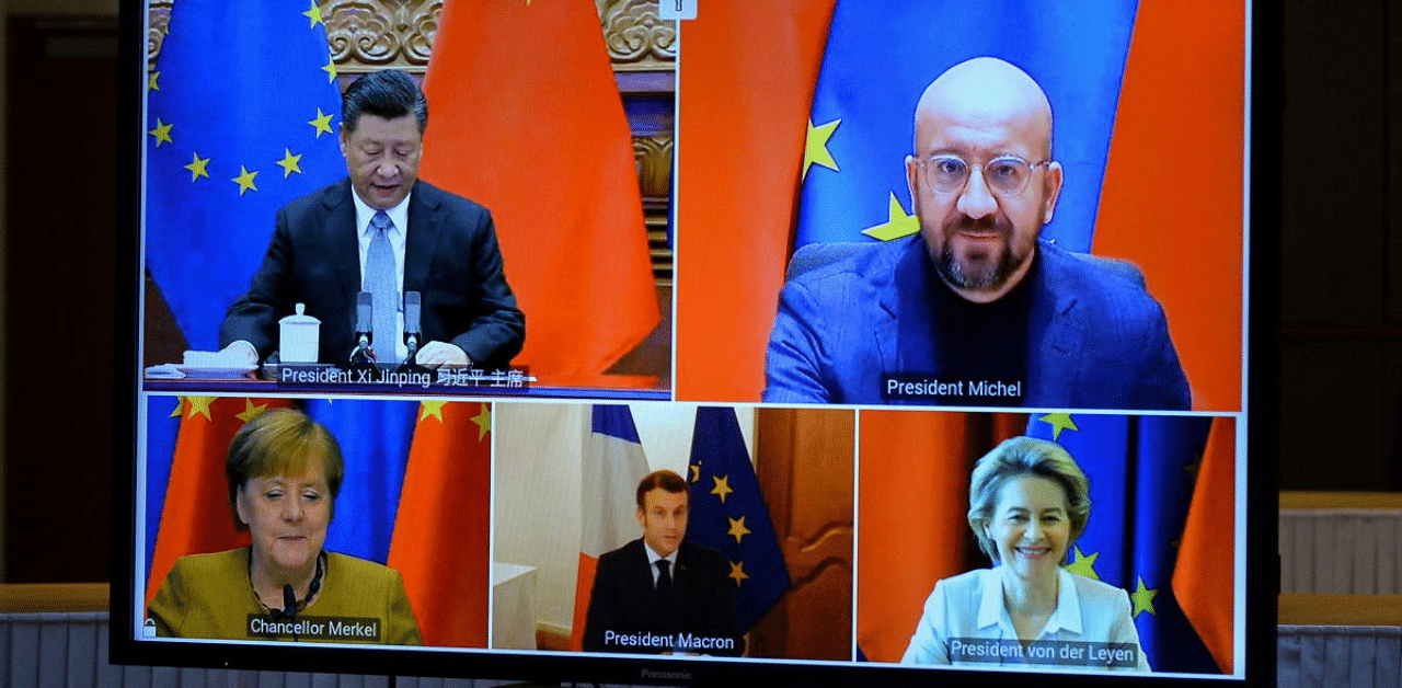 EU Commission President von der Leyen and EU Council President Michel have a video conference with Chinese President Jinping, in Brussles. Credit: Reuters Photo 