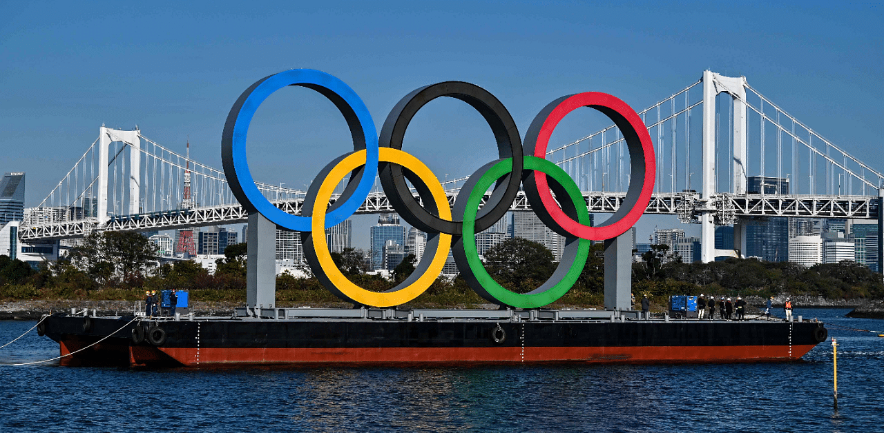 Reinstalled Olympic rings at the waterfront in Tokyo. Credit: AFP