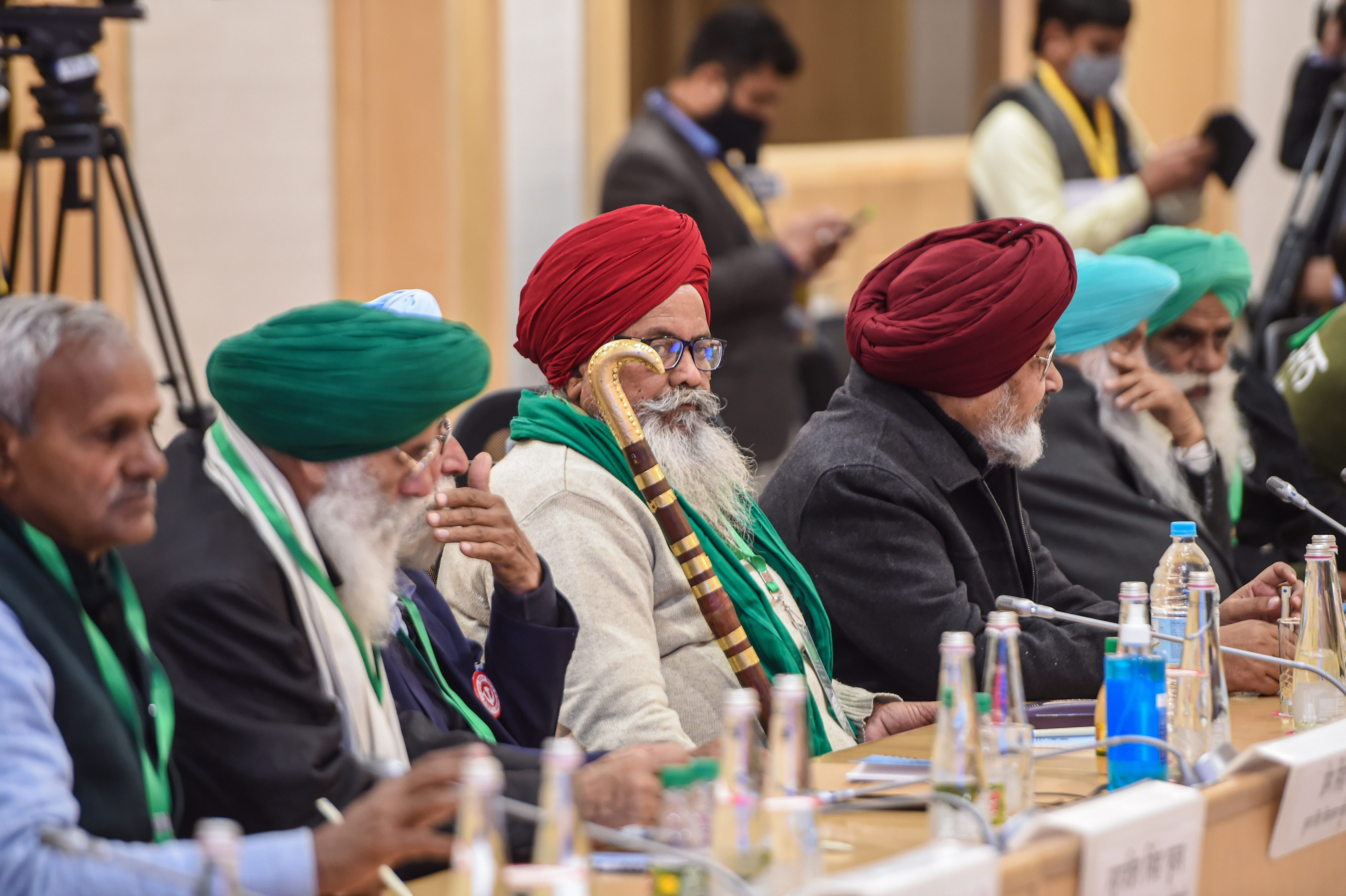 Farmers leaders during a meeting with Union Minister for Agriculture & Farmers Welfare Narendra Singh Tomar (unseen) and Union Minister for Commerce and Industry Piyush Goyal (unseen) over the new farm laws, at Vigyan Bhawan in New Delhi, Wednesday, Dec. 30, 2020. Credit: PTI Photo