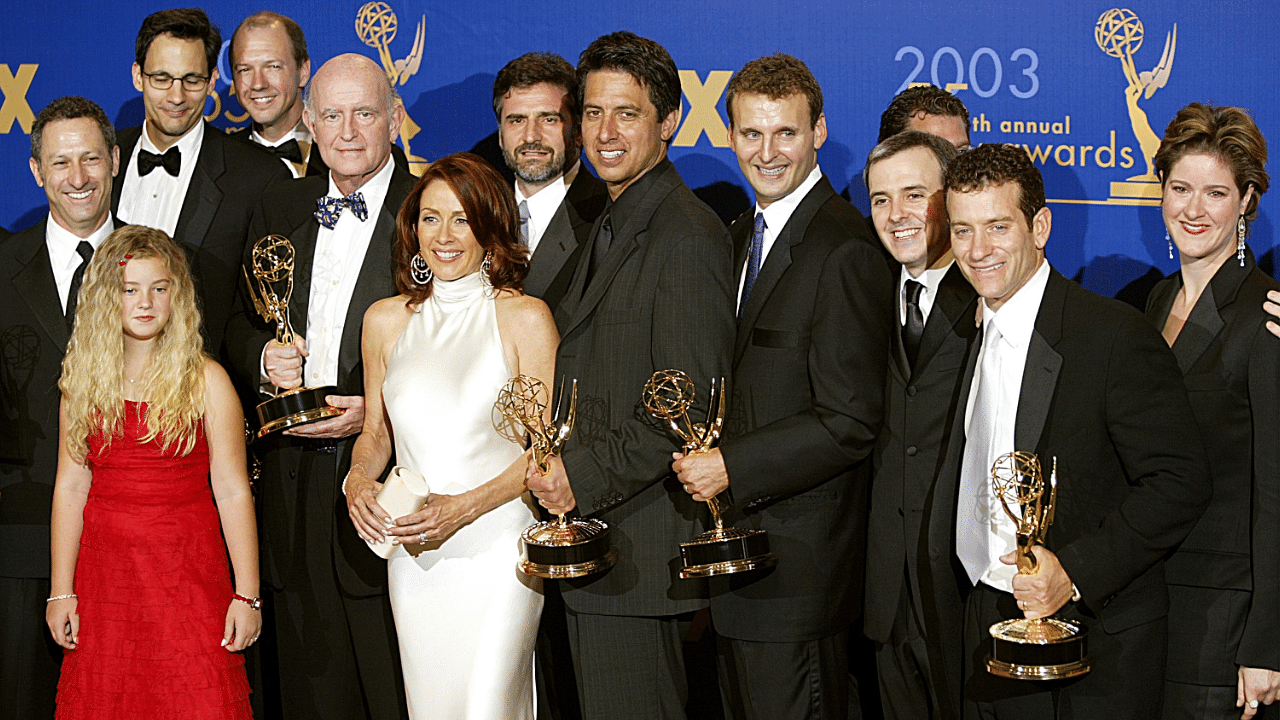 The cast of Everybody Loves Raymond, winner of the Emmy for Outstanding Comedy Series, during the 55th Annual Primetime Emmy Awards in Los Angeles in 2003. Credit: Getty Images/ Carlo Allegri Photo.  