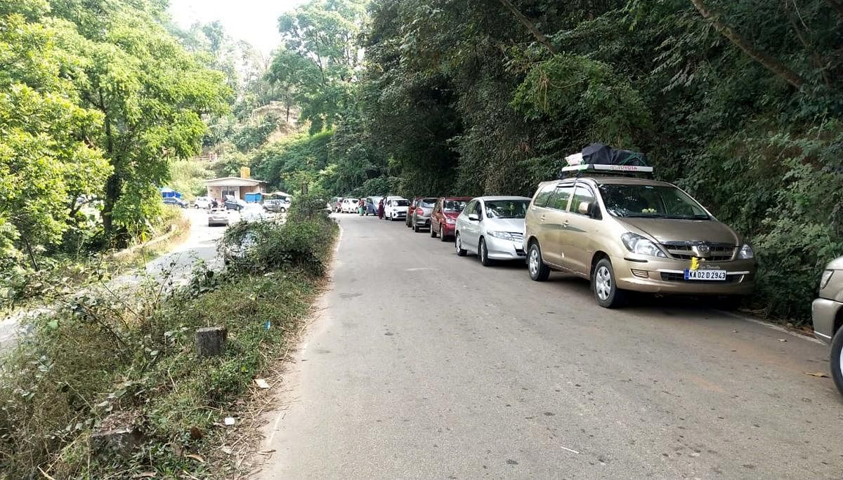 Tourist vehicles parked near Donigal, in Sakleshpur taluk, Hassan district, on Thursday. DH PHOTO