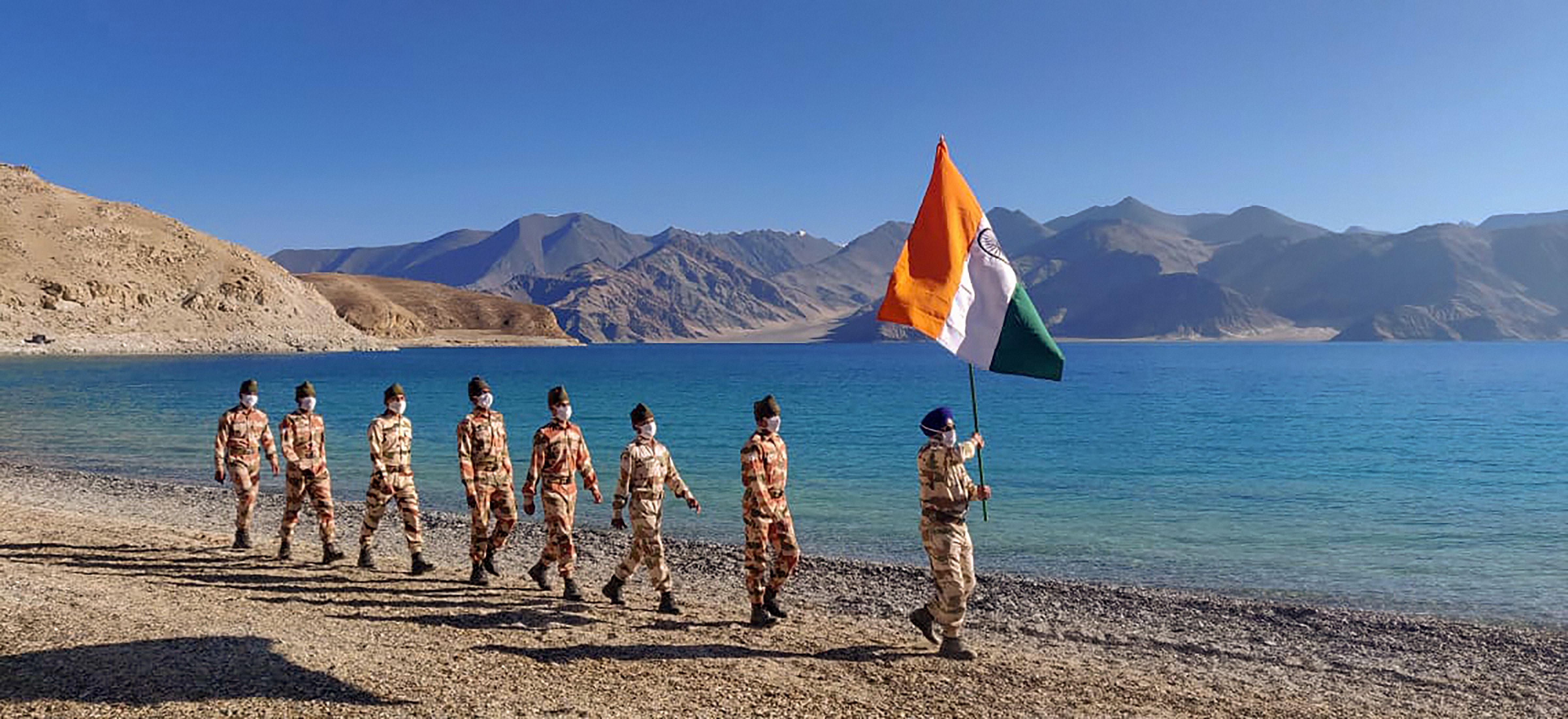 ITBP personnel on the banks of Pangong Tso, in Ladakh. Representative image/Credit: PTI File Photo