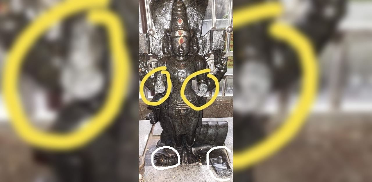The vandalised idol of Lord Subrahmanya. Credit: Twitter/@RNagothu.