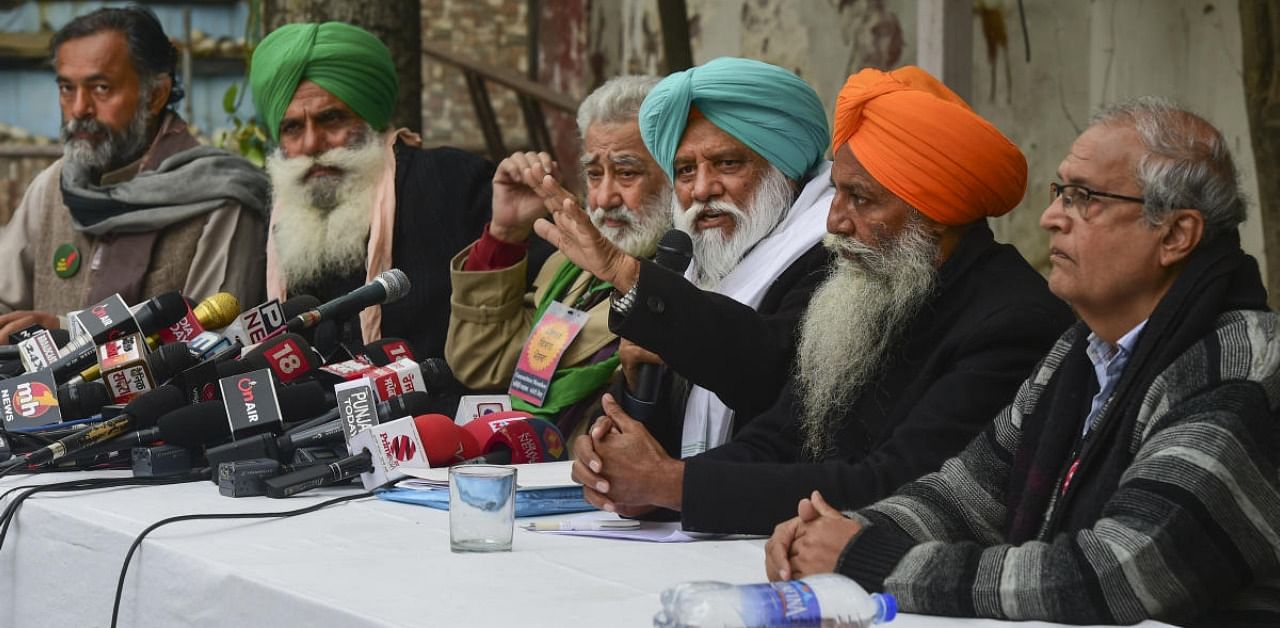 Farmer leaders address a press conference at Press Club in New Delhi. Credit: PTI Photo