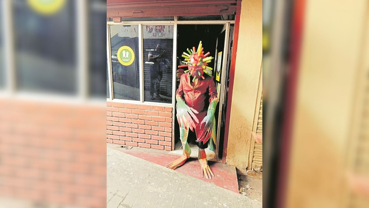 64-year-old Nityanand Olakadu dressed up as ‘Coronasura’ for a street play to create awareness about Covid-19.