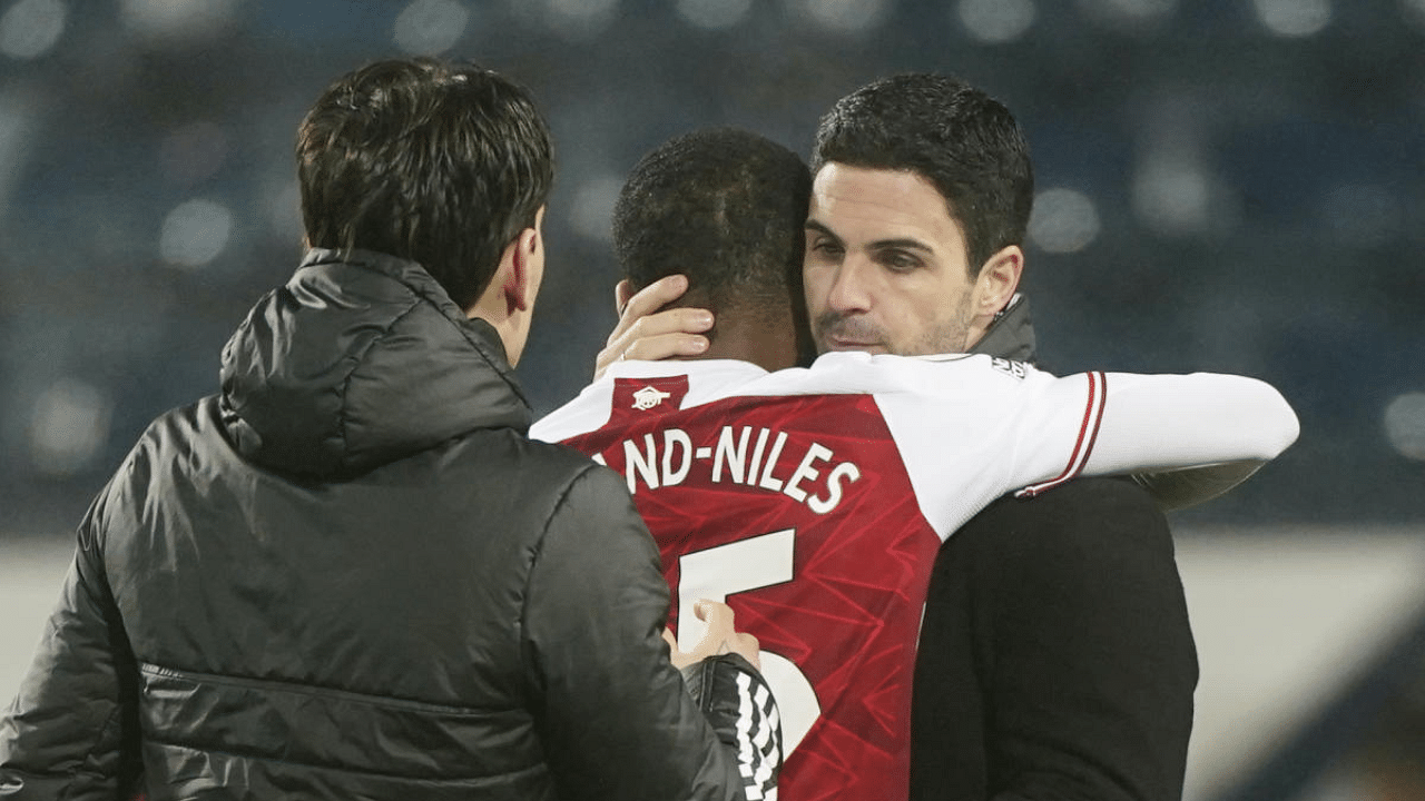 rsenal manager Mikel Arteta hugs Ainsley Maitland-Niles after his side's 4-0 win over West Bromwich Albion at The Hawthorns in West Bromwich, England. Credit: Reuters