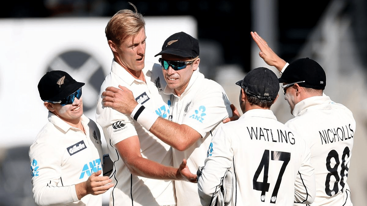 New Zealand's paceman Kyle Jamieson (2nd L) celebrates his wicket of Pakistan's batsman Faheem Ashraf with teammates on day one of the second cricket Test match between New Zealand and Pakistan at Hagley Oval in Christchurch. Credit: AFP