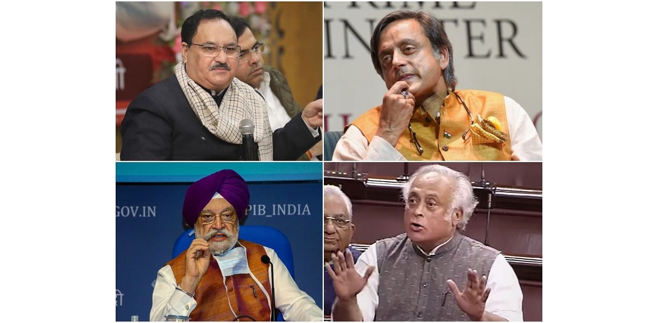 BJP president Jagat Prakash Nadda (Top Left), Congress leader Shashi Tharoor (Top Right), Union Minister Hardeep Singh Puri (Bottom Left) and Senior Congress leader Jairam Ramesh (Bottom Right). Credit: PTI Photos
