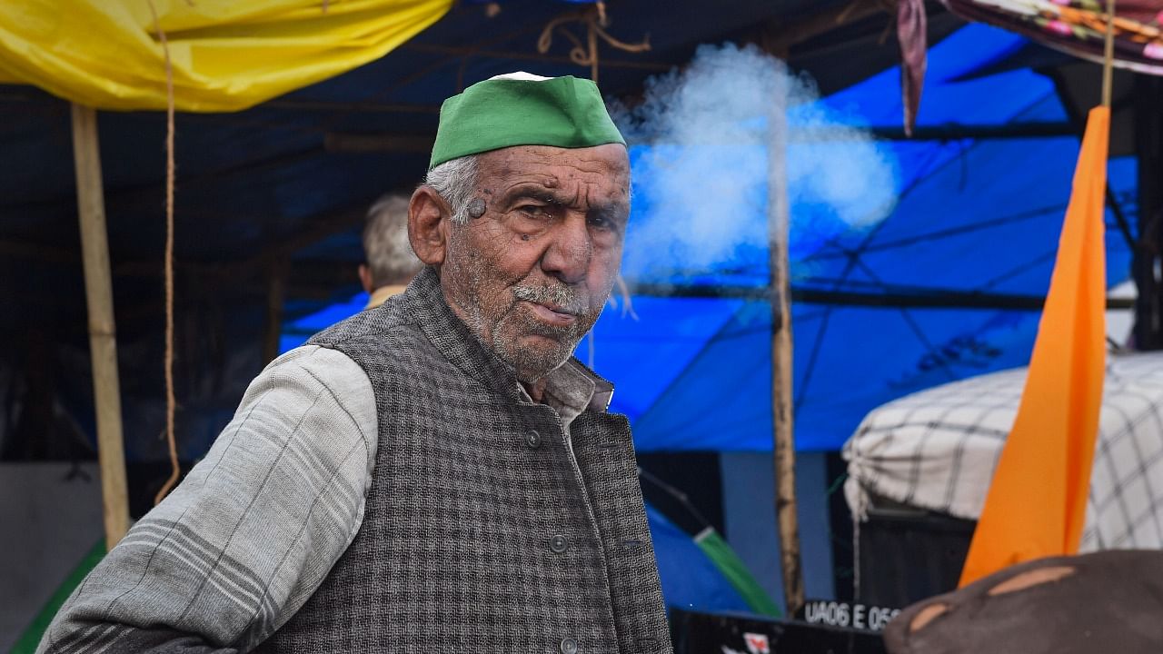 A farmer during the agitation against new farm laws, at Ghazipur border, in New Delhi. Credit: PTI Photo