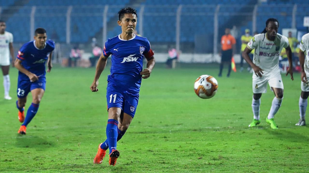 Bengaluru FC will once again look to captain Sunil Chhetri for inspiration as they attempt to get back to winning ways against Mumbai City FC on Tuesday. Credit: PTI.