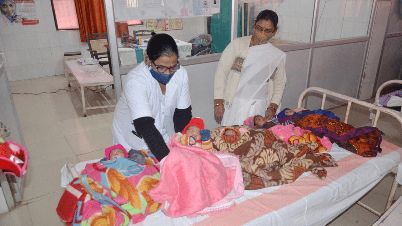 Nurses keep on a bed babies born on the first day of the New Year 2021, at a hospital in Mirzapur, Friday, January 1, 2021. Credit: PTI Photo