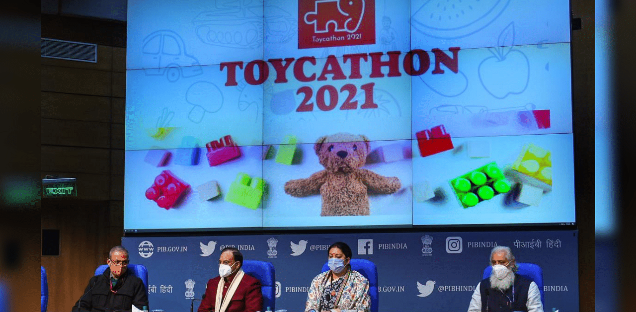 Union Education Minister Ramesh Pokhriyal 'Nishank' and Textiles and Women and Child Development Minister Smriti Zubin Irani at the launch of the Toycathon 2021, at National Media Centre in New Delhi. Credit: PTI Photo