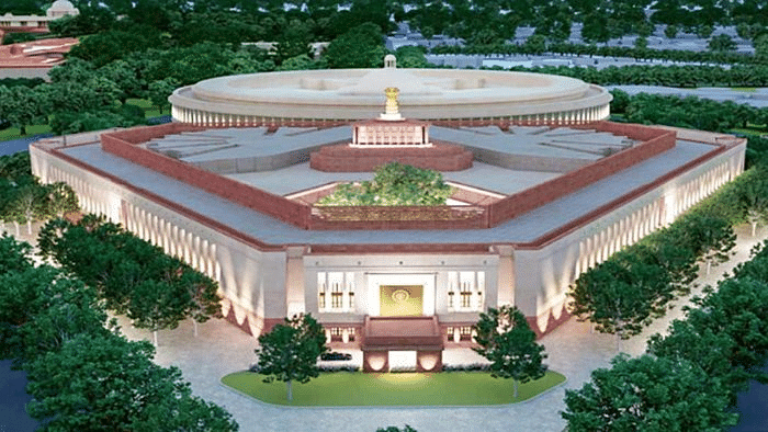 A model of the proposed new Parliament building, which will be built as part of the Central Vista project. Credit: PTI.