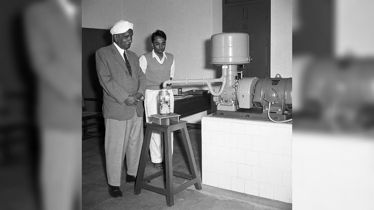 Sir C V Raman at his research Institute in Bangalore. DH File Photo