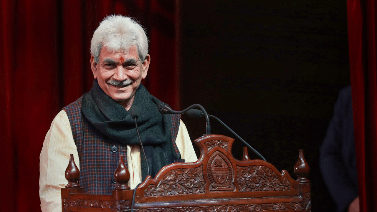 Jammu and Kashmir Lt. Governor Manoj Sinha addresses a press conference, at Convention Hall in Jammu. Credit: PTI Photo
