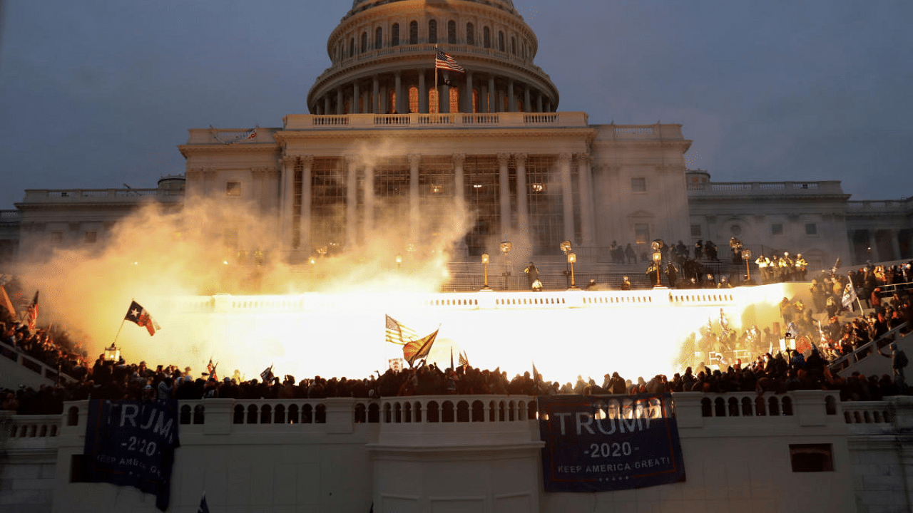 An explosion caused by a police munition is seen while supporters of US President Donald Trump gather in front of the US Capitol Building in Washington, US. Credit: Reuters File Photo