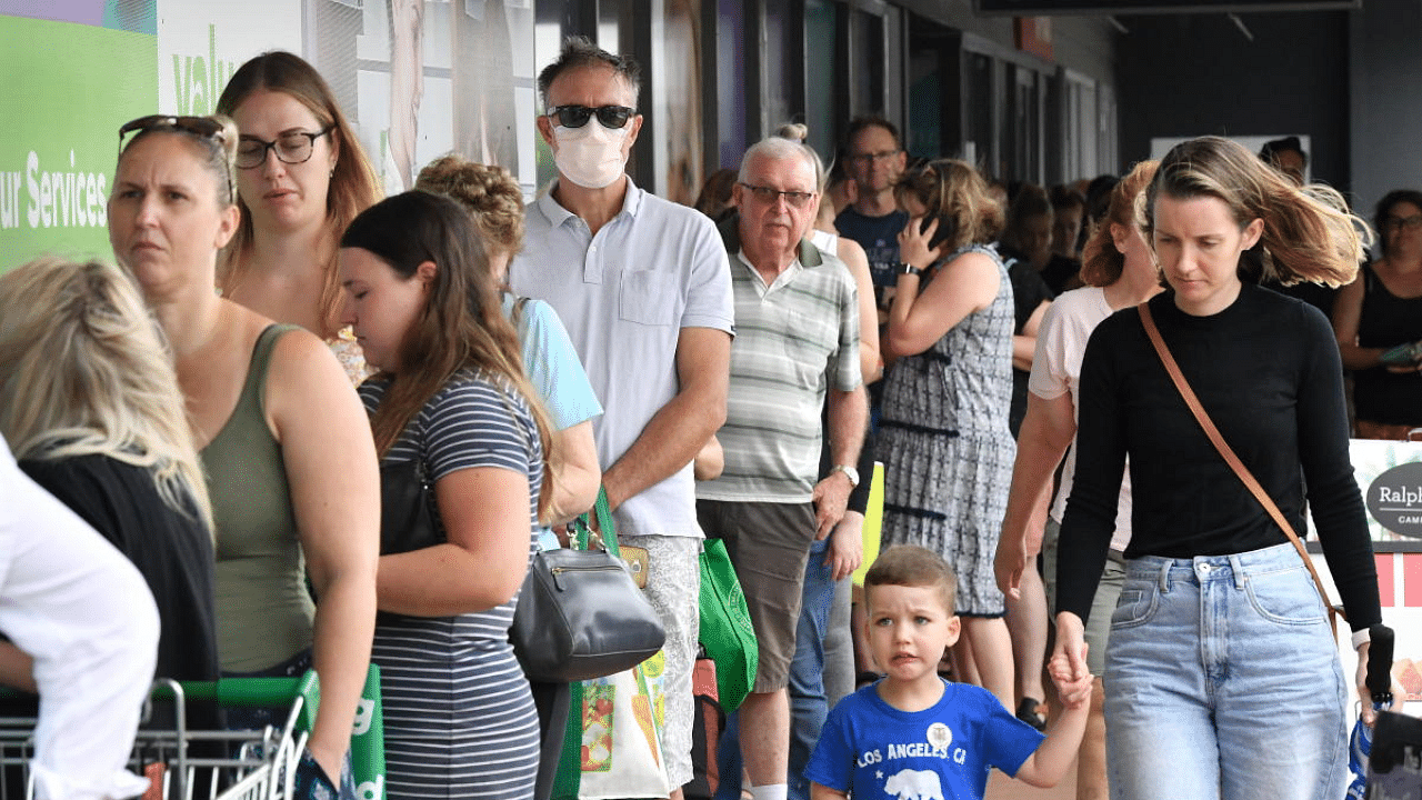 People line up to enter a grocery store before an impending lockdown due to an outbreak of Covid-19 in Brisbane, Australia. Credit: Reuters Photo