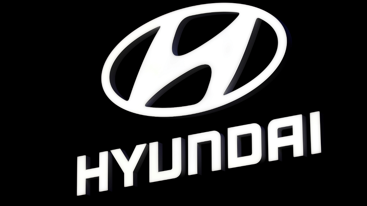 The Hyundai booth displays the company logo. Credit: Reuters Photo