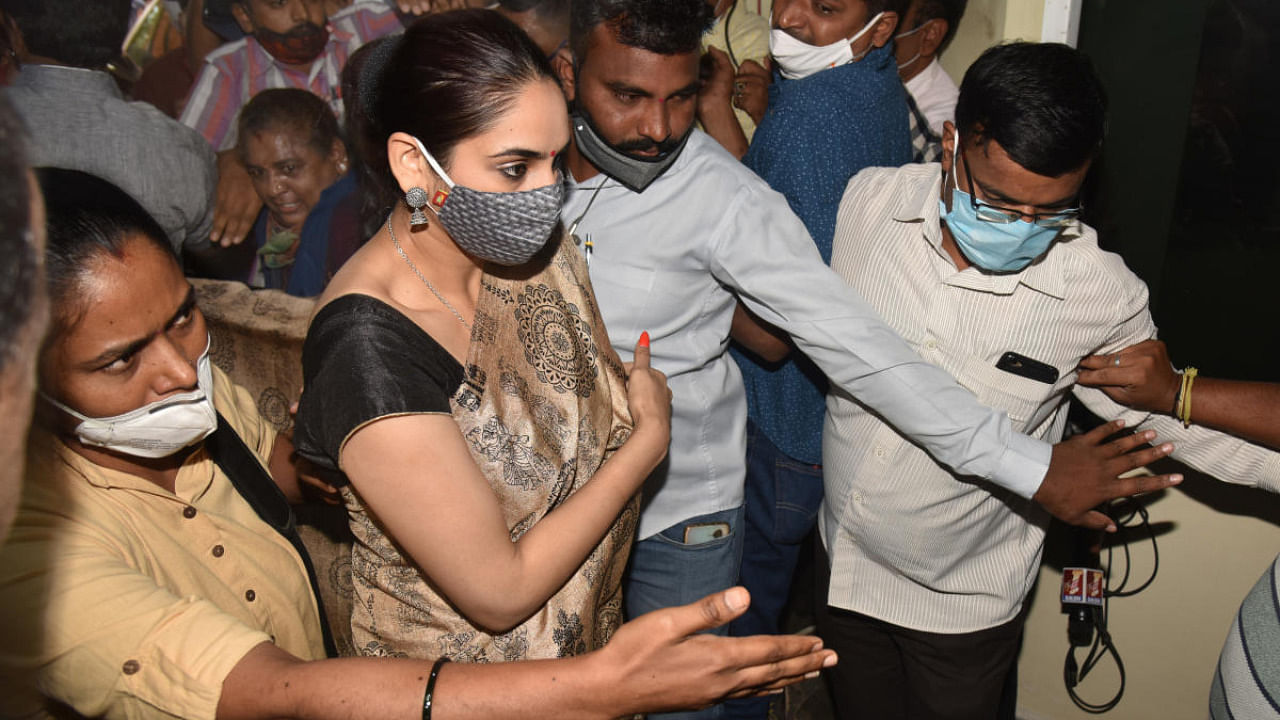 Kannada actress Ragini Dwivedi after her arrest in the drugs case on September 4, 2020. Credit: DH photo/S K Dinesh.