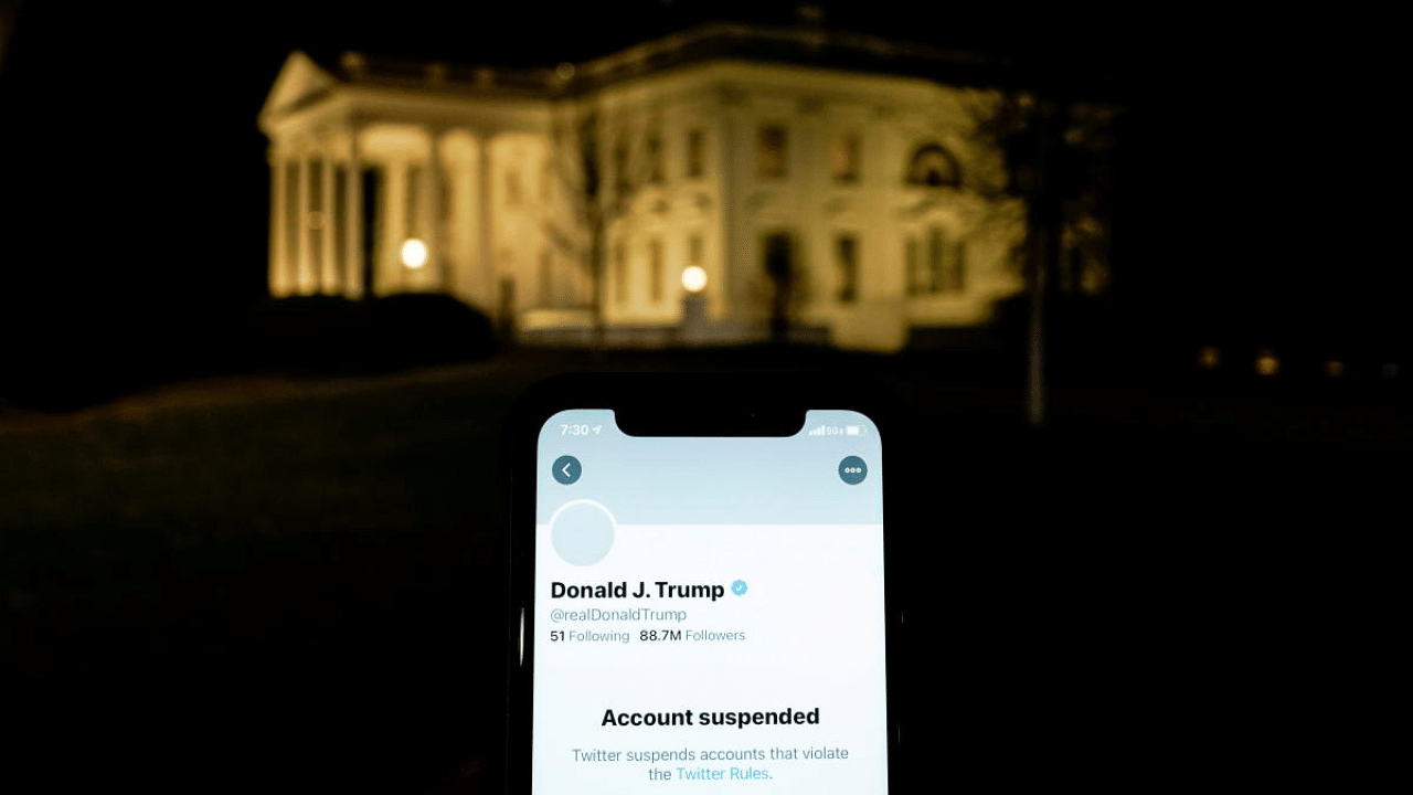 A photo illustration shows the suspended Twitter account of US President Donald Trump on a smartphone and the White House in Washington, US. Credit: Reuters Photo