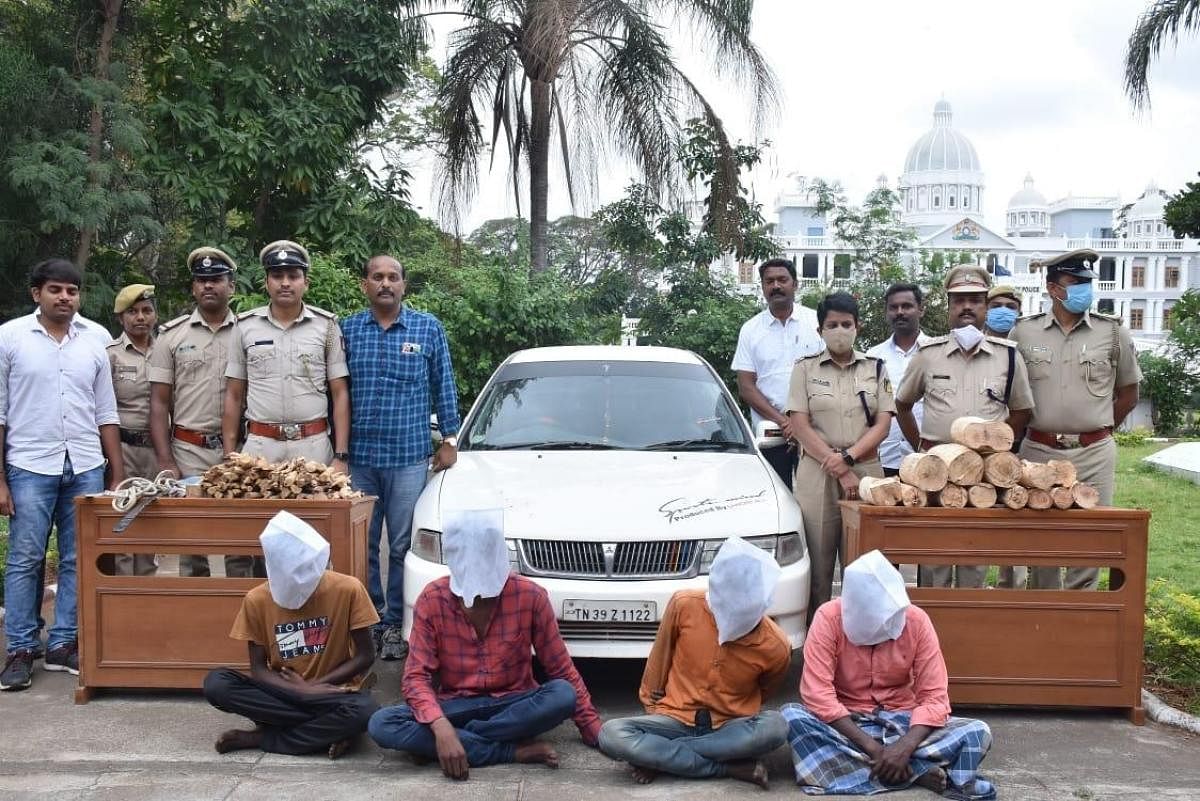 Police personnel seen with the suspects and recovered sandalwood logs in front of the Police Commissioner’s office in Mysuru recently.