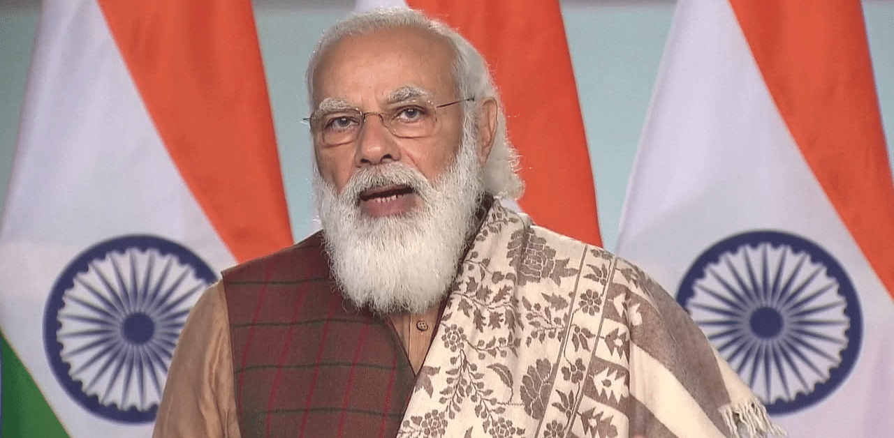 PM Modi speaks during the inauguration of Pravasi Bharatiya Divas 2021. Credit: PTI Photo