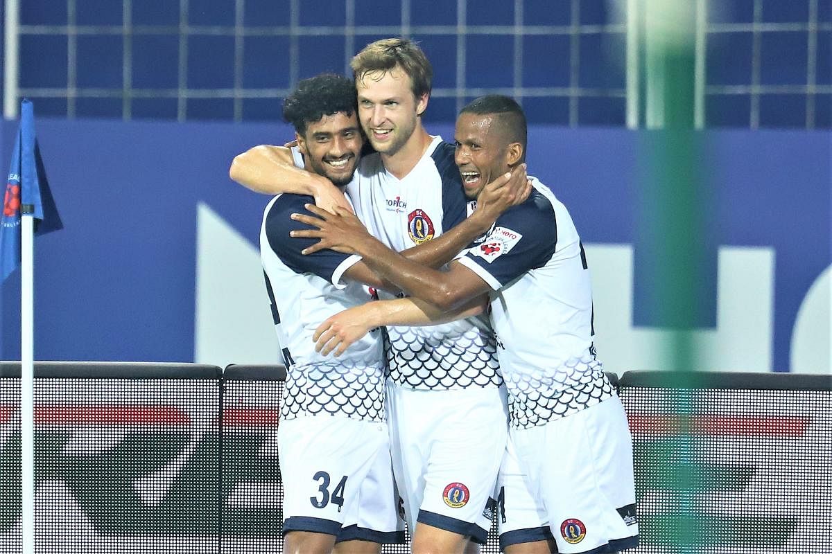 SC East Bengal’s Matti Steinmann (centre) celebrates with team-mates after scoring against Bengaluru FC in their Indian Super League clash on Saturday.