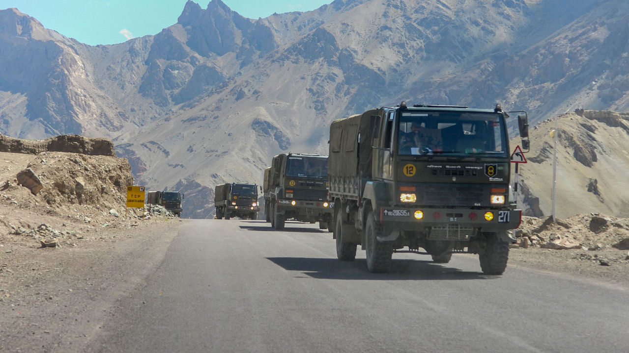 Army trucks move towards LAC eastern Ladakh, amid the prolonged India-China stand off, in Leh. Credit: PTI File Photo