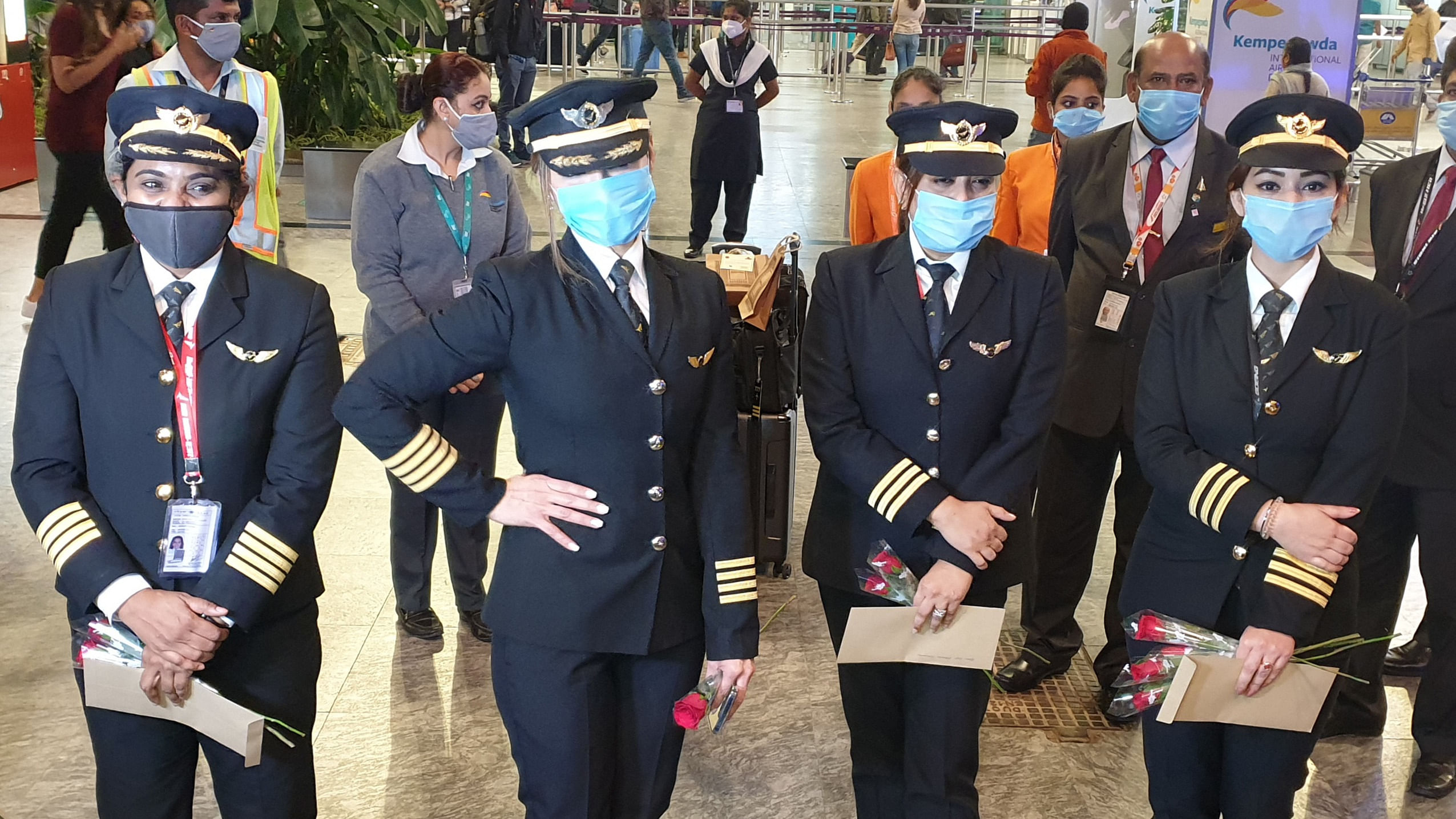 Commanded by Capt Zoya Aggarwal, the Boeing 777-200LR aircraft also had in the cockpit Capt Papagiri Thanmai, Capt Akansha Sonaware and Capt Shivani Manhas. Credit: DH Photo